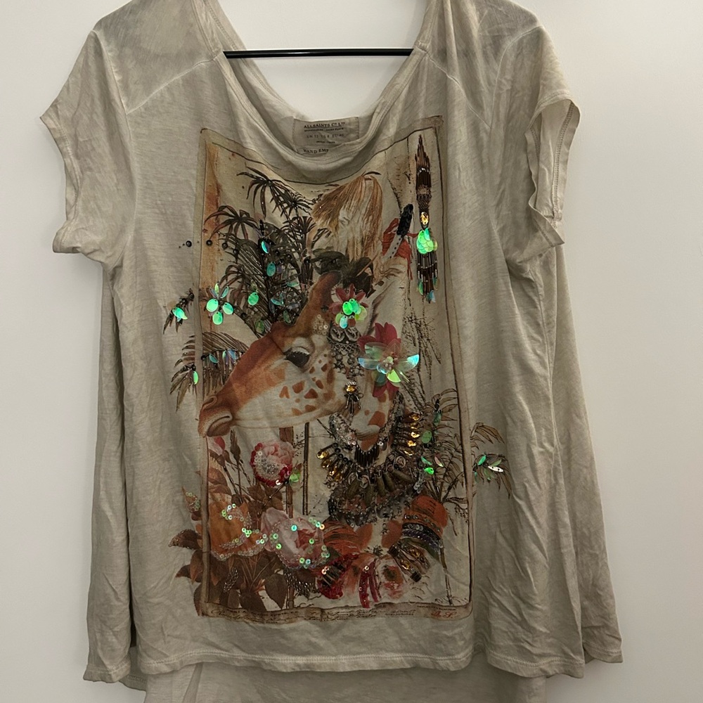 All Saints Beige Graphic Tee with Sequin Accents